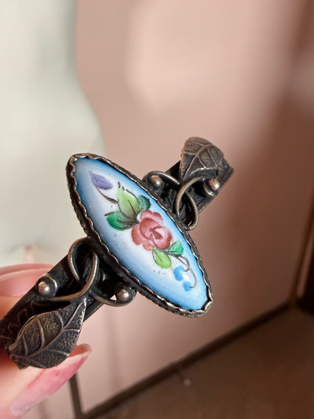 Vintage Russian Rostov Finift Hand Painted silver cuff bracelet Victorian Boho - Picture 6 of 16
